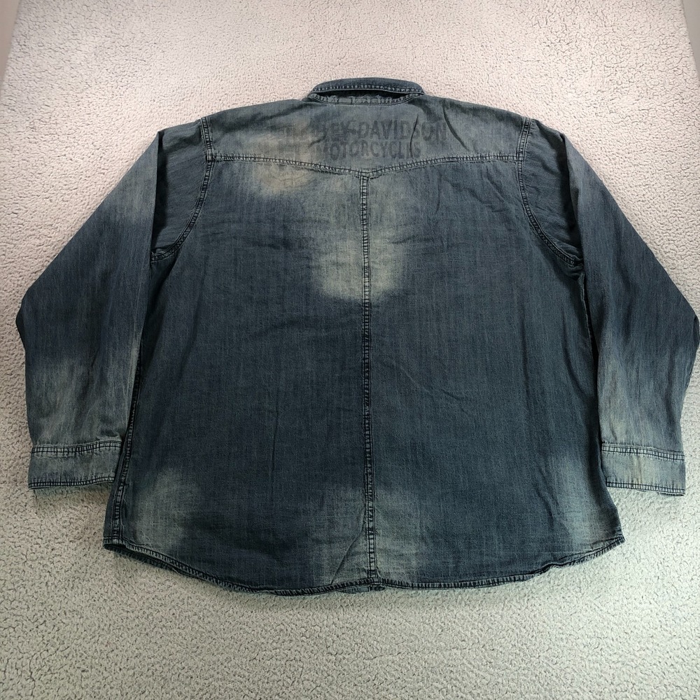 Harley Davidson Shirt Mens 3XL Blue Denim Western Pearl Snap Biker Long Sleeve - Picture 6 of 11